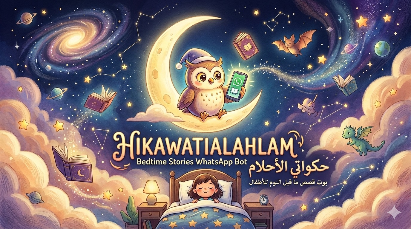 Hakawati Al Ahlam — حكواتي الأحلام — a wise owl on a crescent moon delivering bedtime stories to a sleeping child via WhatsApp